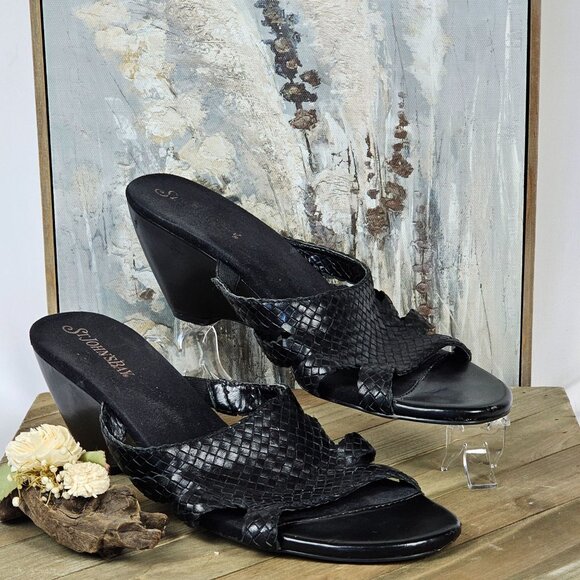 Womens 8.5 Black Leather Open Toe Chunky Heel Slip-on Work Business Casual Comfy - Picture 1 of 15